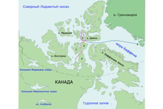 Предполагаемый маршрут кораблей «Эребус» и «Террор» в ходе арктической экспедиции Джона Франклина. Пунктирная линия обрывается возле острова Кинг-Уильям.