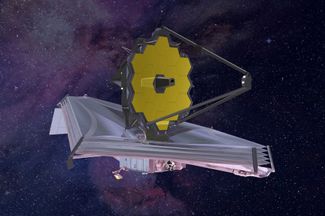 Компьютерная модель телескопа «Джеймс Уэбб» в развернутом виде. Видны три стойки для вторичного зеркала и многослойная тепловая защита из светоотражающего материала, которая позволяет телескопу не нагреваться от солнечного света и поддерживать низкую температуру светочувствительных матриц