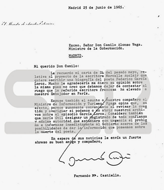 Письмо министра иностранных дел Фернандо Мария Кастьельи на имя министра внутренних дел Камило Алонсо Веги. 25 июня 1965 год