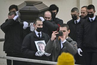 The coffin holding Navalny’s body being carried out of the church after the funeral service, which lasted for only about 20 minutes.