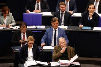 Депутаты от Альтернативы для Германии в бундестаге, в том числе лидеры партии — Алиса Вайдель и Александр Гауланд (нижний ряд)