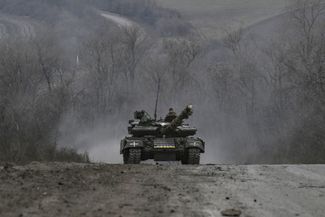 Ukrainian tank T64 on the road near Bakhmut