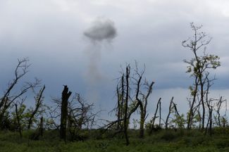 Дым после разминирования недалеко от села Благодатное Николаевской области. Май 2023 года