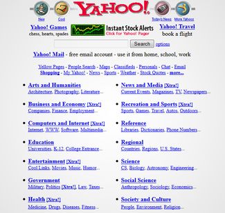 Главная страница Yahoo! с рубрикатором каталога в 1999 году