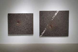 Выставка работ украинской художницы Жанны Кадыровой в Ганновере. Висящие на стене работы — это вырезанные куски асфальта из города Ирпень со следами от снарядов. 
