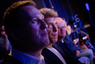 In autumn 2012, the opposition attempted to formalize its structures and organized elections to the Opposition Coordinating Council. Navalny won those elections, receiving more than 43,000 votes. The photo shows Navalny, opposition politician Boris Nemtsov, and journalist Oleg Kashin at a televised viewing of candidate debates, October 12, 2012.