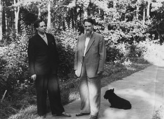 Andrei Sakharov with the scientific director of the USSR’s nuclear program, Igor Kurchatov, and his dog in the park near Kurchatov’s home on the grounds of the Institute of Atomic Energy (known today as the Kurchatov Institute). Moscow, 1958.