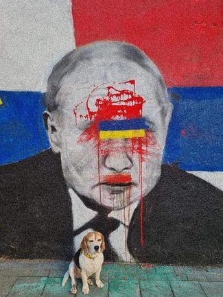 The Putin mural on King Milutin Street in Belgrade, defaced