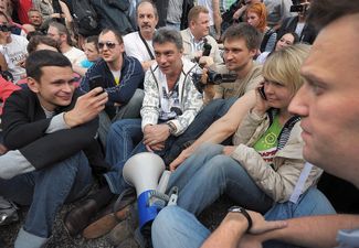 Oppositionists Boris Nemtsov, Ilya Yashin, Evgenia Chirikova, and Alexey Navalny in Moscow during the Million Man March, which ended in clashes with the police, May 6, 2012.