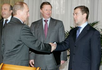 From left to right: Security Council Secretary Igor Ivanov, President Vladimir Putin, and Deputy Prime Ministers Sergei Ivanov and Dmitry Medvedev. March 10, 2007