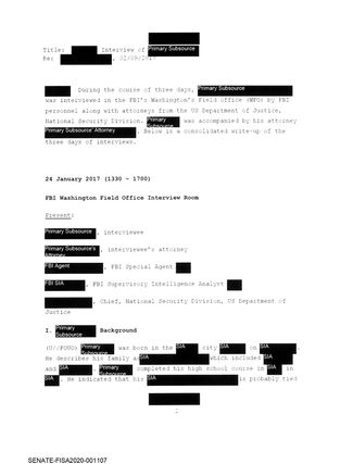 A typical redacted page from the FBI’s summary of its interviews with Igor Danchenko