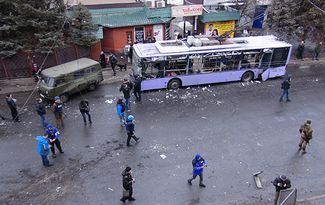 Место обстрела троллейбуса и остановки «Завод Боссе» в Ленинском районе Донецка. 22 января 2014-го