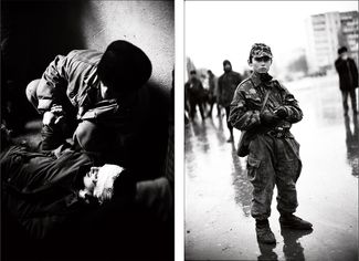 Слева: раненный подросток. Справа: чеченский подросток в камуфляже на улице Грозного. Январь 1995 года