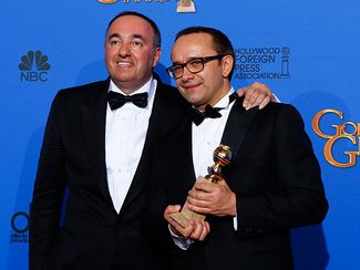 Александр Роднянский и Андрей Звягинцев после вручения премии «Золотой глобус», Лос-Анджелес, 11 января 2015 года