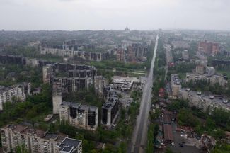 An aerial view of the damage in Mariupol’s central district. May 18, 2022.