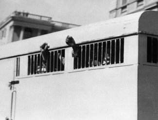 Eight men, among them Nelson Mandela, leaving the Palace of Justice in Pretoria after being sentenced to life imprisonment in the Rivonia trial. For many people, this was the last time they glimpsed Mandela until he was released, 27 years later.