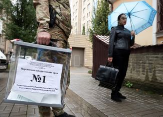 A mobile ballot box in Donetsk