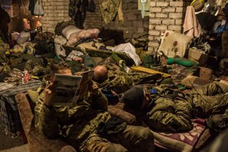 Ukrainian soldiers at their base in Pisky, at the height of fighting for the Donetsk Airport in November 2014.