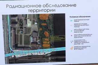 A presentation slide used by the roads and bridges division of the Moscow government’s Construction Department. The slide depicts planned construction areas on top of the nuclear waste site. July 18, 2019