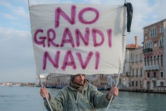 Протестующий в январе 2012 года с транспарантом «Нет большим кораблям»