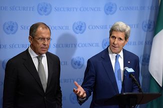 Сергей Лавров и Джон Керри на пресс-конференции в ООН. 30 сентября 2015 года