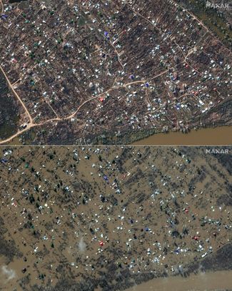 Спутниковый снимок одного из районов Оренбурга до (6 апреля) и после (11 апреля) затопления. 