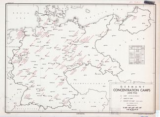 1944 год. Карта концентрационных лагерей на территории нацистской Германии. Номера в скобках — число заключенных, на которое был рассчитан каждый из лагерей