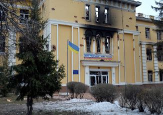 A school in Kharkiv after a battle near the city center. Kharkiv is 50 kilometers (30 miles) from the Ukrainian-Russian border.