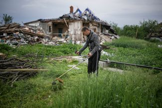 Житель поселка Макаров под Киевом стрижет траву в саду разрушенного дома