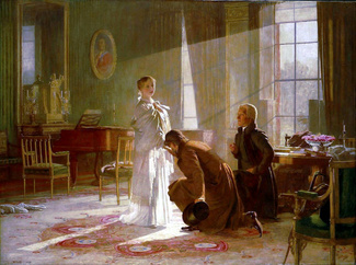 Виктория узнает, что стала королевой, от лорда Конингема (слева) и архиепископа Кентерберийского. 1837