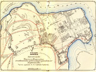 План Херсонеса Таврического 1914 года с показанием раскопанных участков в разные годы. Чертил художник Мартин Скубетов (Скубентов)