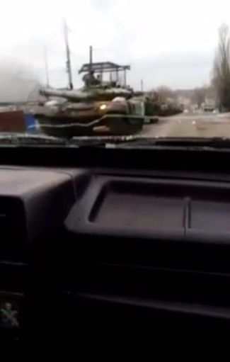 Russian armored vehicles in Chertkovo. Screenshot from a video taken at the Milove–Chertkovo border crossing on February 24, 2022.