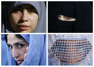 Мусульманские головные уборы и накидки: хиджаб (в верхнем левом углу), никаб (в верхнем правом), чадра (в нижнем левом), бурка (в нижнем правом)