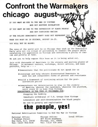 Листовка, выпущенная в Чикаго в 1968 году, призывающая на демонстрацию против войны и за гражданские права. Протесты против войны во Вьетнаме повлияли и на зарождение в США организаций и движений за гражданские права. Например, именно в это время появилась и наиболее активно действовала леворадикальная организация «Черные пантеры», боровшаяся за права афроамериканцев
