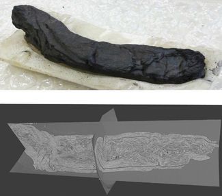 Обугленный папирус из Геркуланума (вверху) и его компьютерная модель по результатам рентгеновской томографии