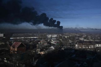 The city of Chuhuiv in Ukraine’s Kharkiv region, under shelling by Russian forces on February 24, 2022.