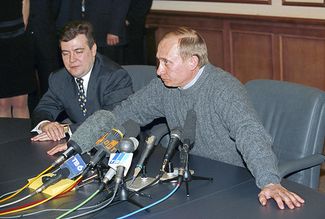 Interim President of the Russian Federation Vladimir Putin and Deputy Head of the Presidential Administration Dmitry Medvedev answer questions at a press conference at Putin’s campaign headquarters after preliminary election results were reported. March 26, 2000.