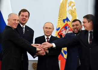 Vladimir Putin at the ceremony to welcome four annexed regions of Ukraine into the Russian Federation