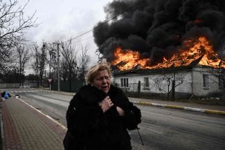 A home on fire in the city of Irpin, just outside Kyiv.