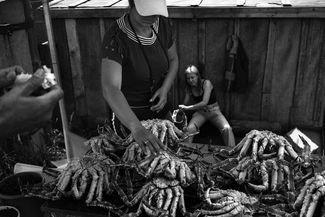 Crab merchant. Vzmorye village in Sakhalin region. 