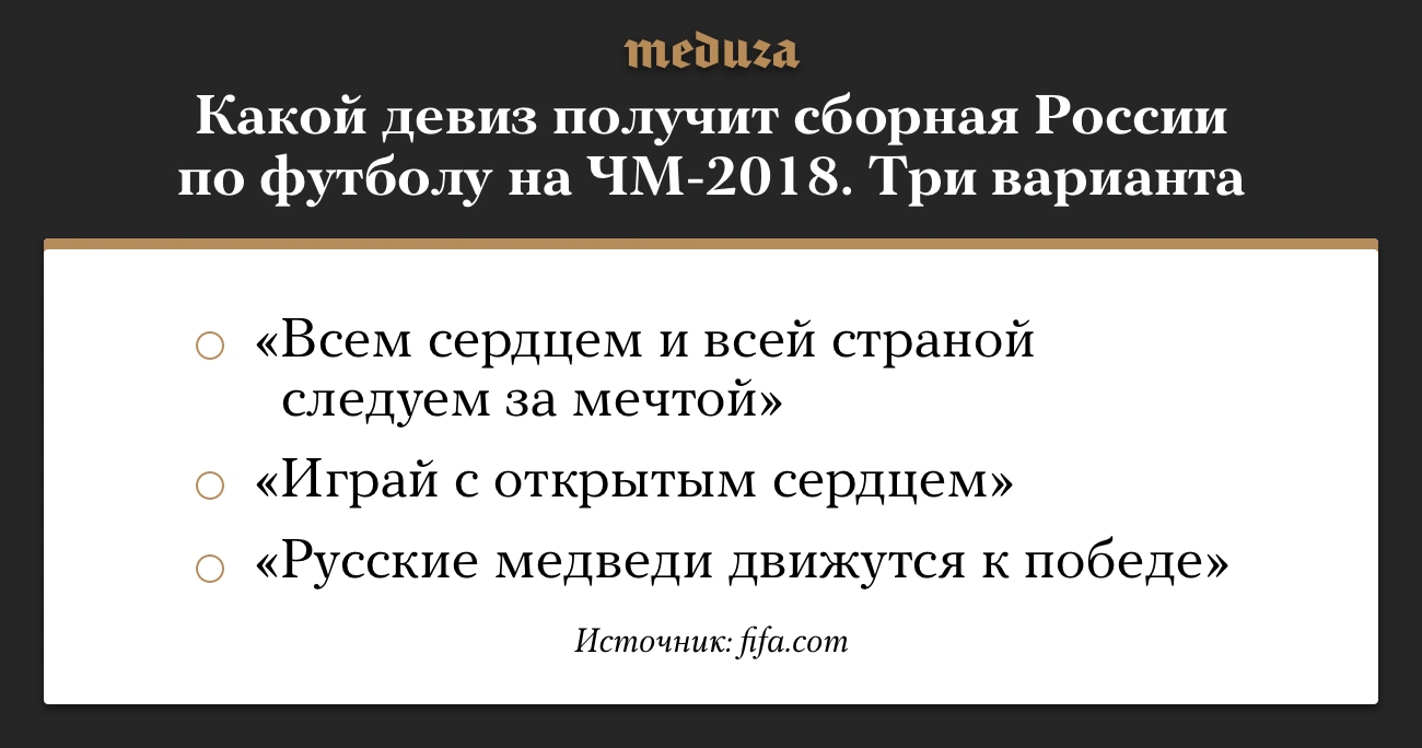 Сборной России по футболу выбирают девиз на ЧМ-2018. Какие есть варианты —  Meduza