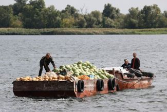 Местные жители перевозят дыни и арбузы на другой берег Днепра на старом пароме