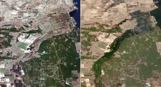На спутниковых снимках Maxar показана река Ирпень 28 февраля (слева) и 22 марта (справа)